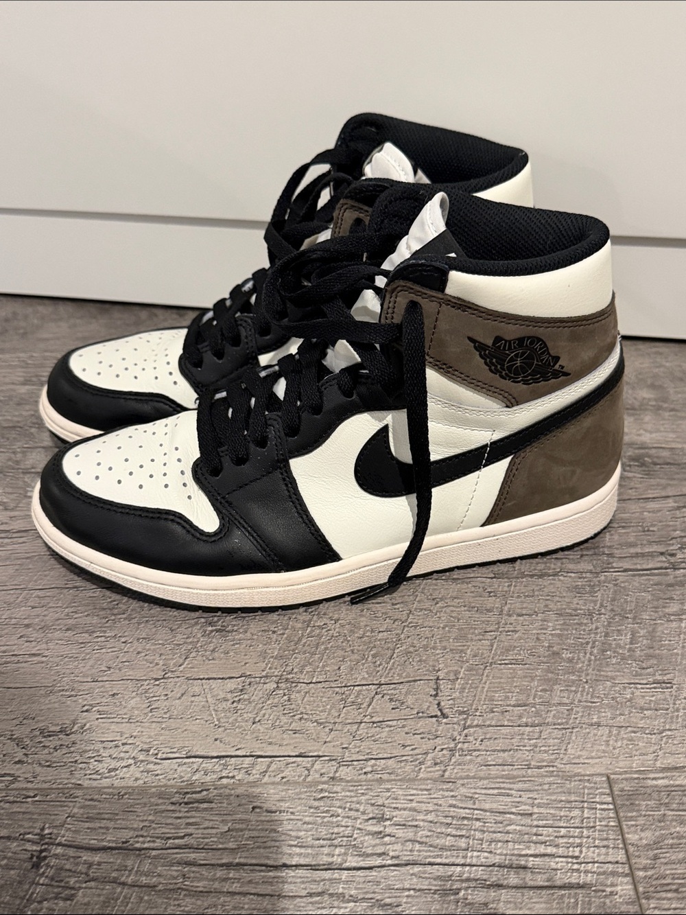 Jordan High-Top Sneakers in Black, White & Brown